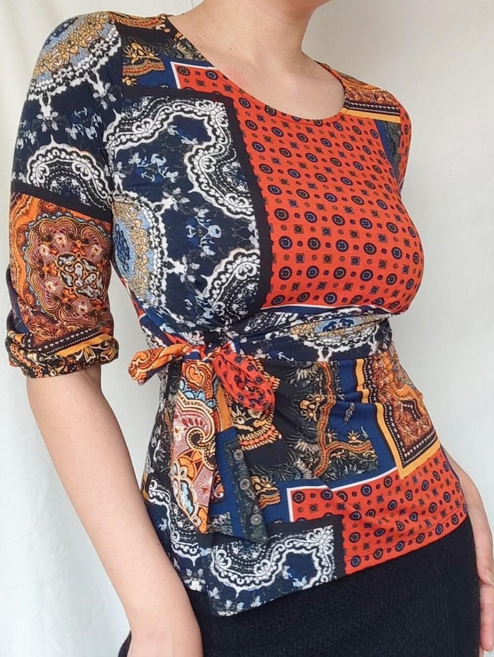 Laura Petites Blue and Orange Abstract Patterned Top